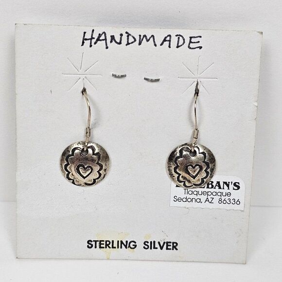 Sterling Silver 925 Round Circle Heart Scroll Etched Southwest Handmade Earrings - Picture 1 of 9